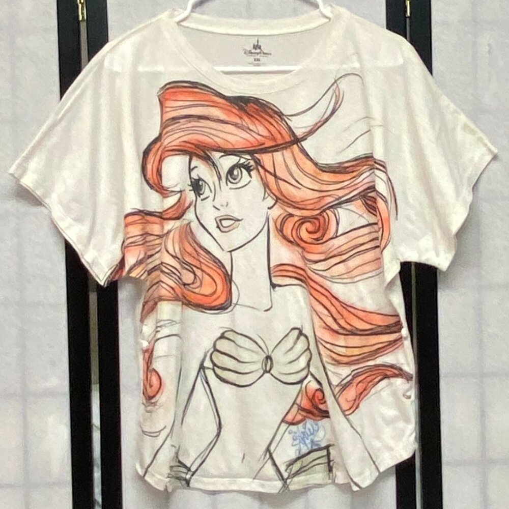 Disney Parks Ariel Princess Signed 2X Linen Blend Tee Cream Natural Short Sleeve